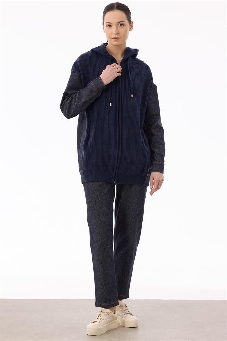 Triko Kombinli Kapüşonlu Denim Takım LACİVERT