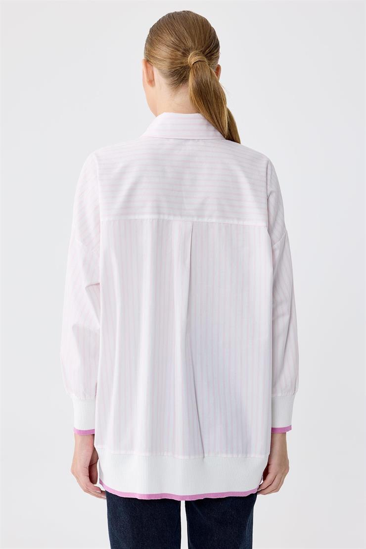 Triko Ribana Detaylı Nakışlı Çizgili Poplin Gömlek PEMBE
