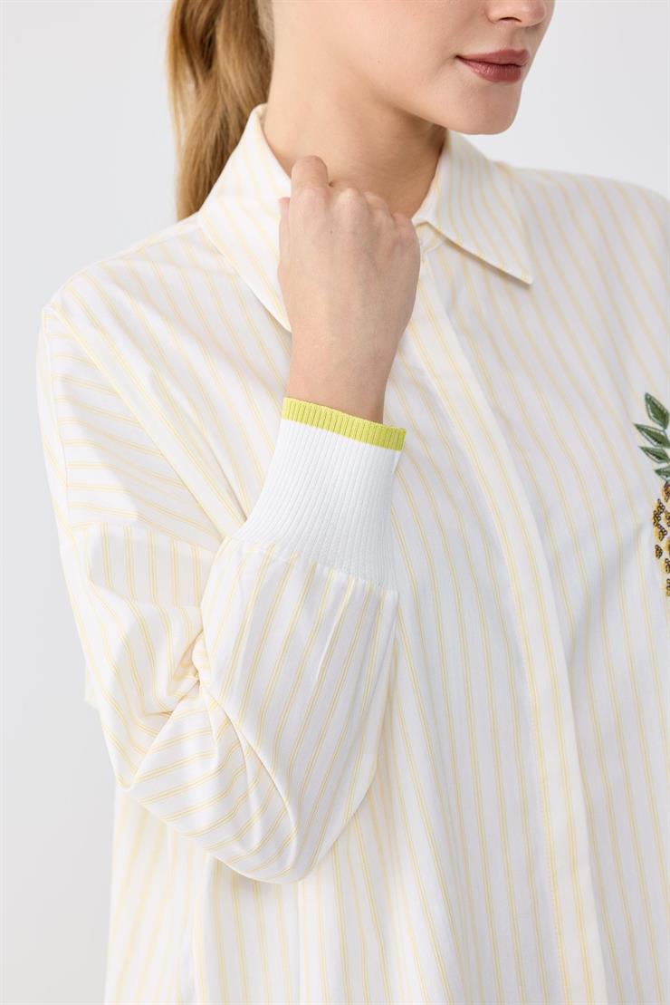 Triko Ribana Detaylı Nakışlı Çizgili Poplin Gömlek SARI