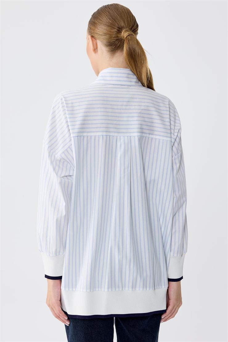 Triko Ribana Detaylı Nakışlı Çizgili Poplin Gömlek MAVİ
