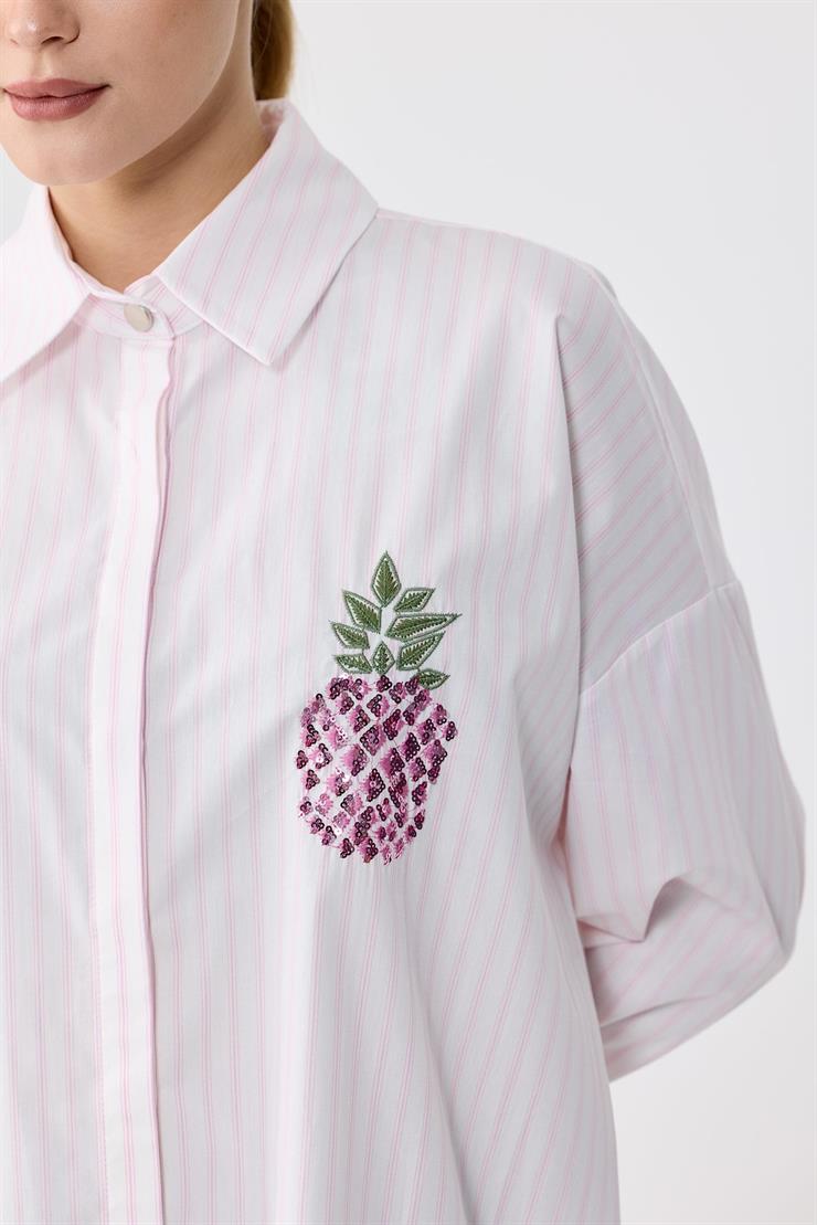 Triko Ribana Detaylı Nakışlı Çizgili Poplin Gömlek PEMBE