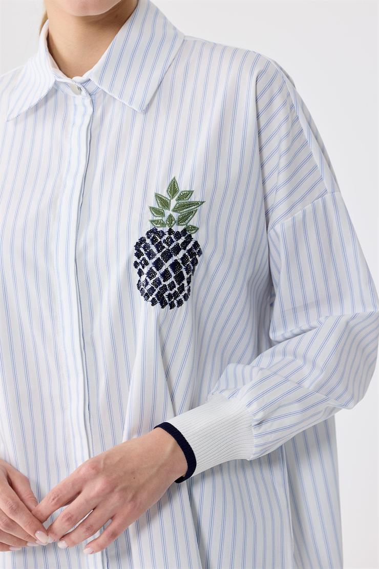 Triko Ribana Detaylı Nakışlı Çizgili Poplin Gömlek MAVİ