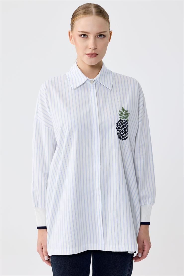 Triko Ribana Detaylı Nakışlı Çizgili Poplin Gömlek MAVİ
