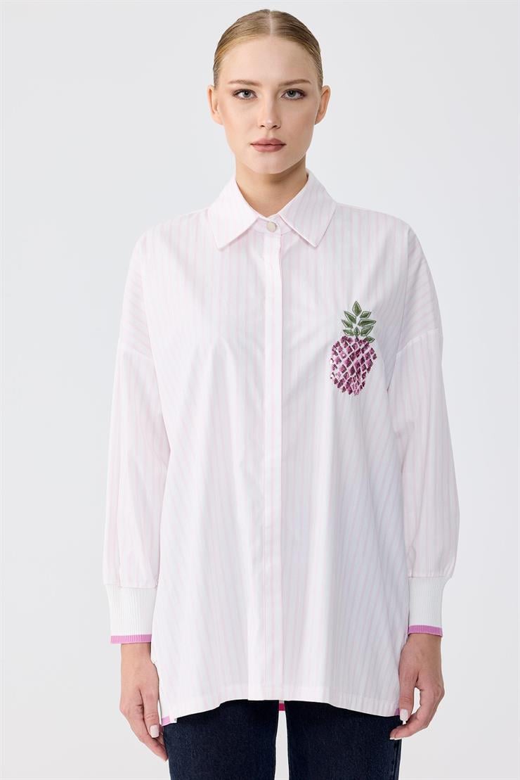 Triko Ribana Detaylı Nakışlı Çizgili Poplin Gömlek PEMBE