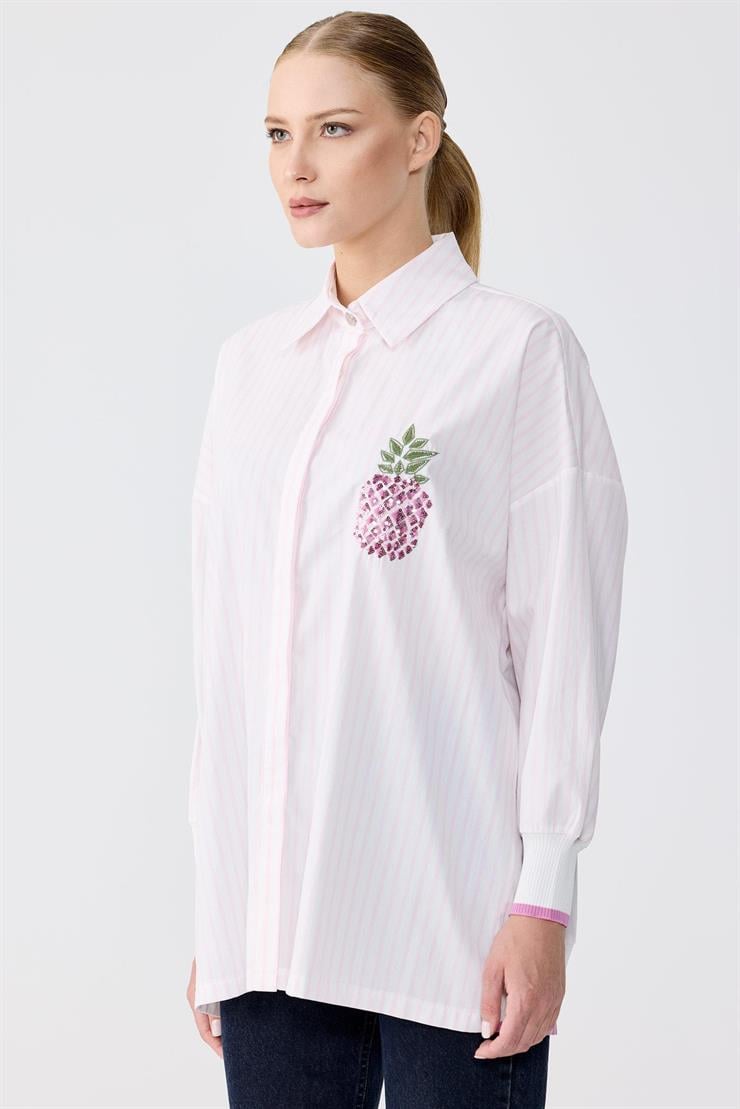Triko Ribana Detaylı Nakışlı Çizgili Poplin Gömlek PEMBE