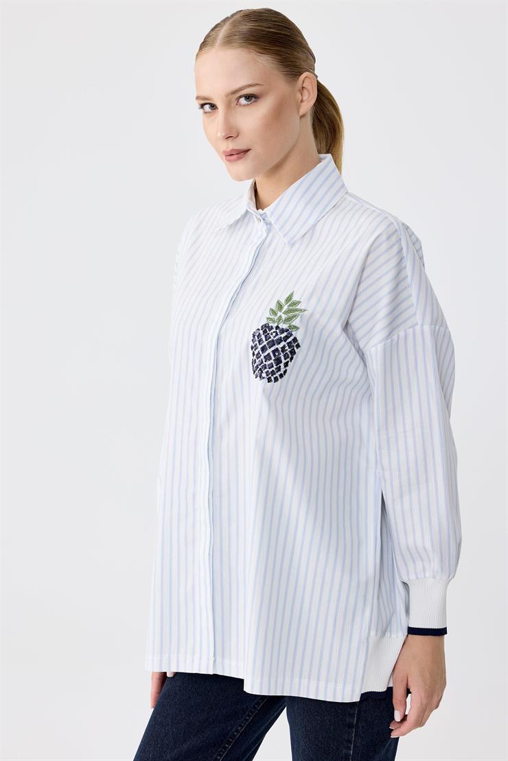 Triko Ribana Detaylı Nakışlı Çizgili Poplin Gömlek MAVİ
