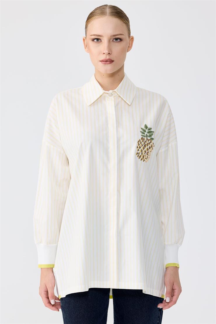 Triko Ribana Detaylı Nakışlı Çizgili Poplin Gömlek SARI