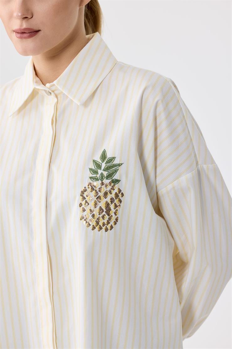 Triko Ribana Detaylı Nakışlı Çizgili Poplin Gömlek SARI