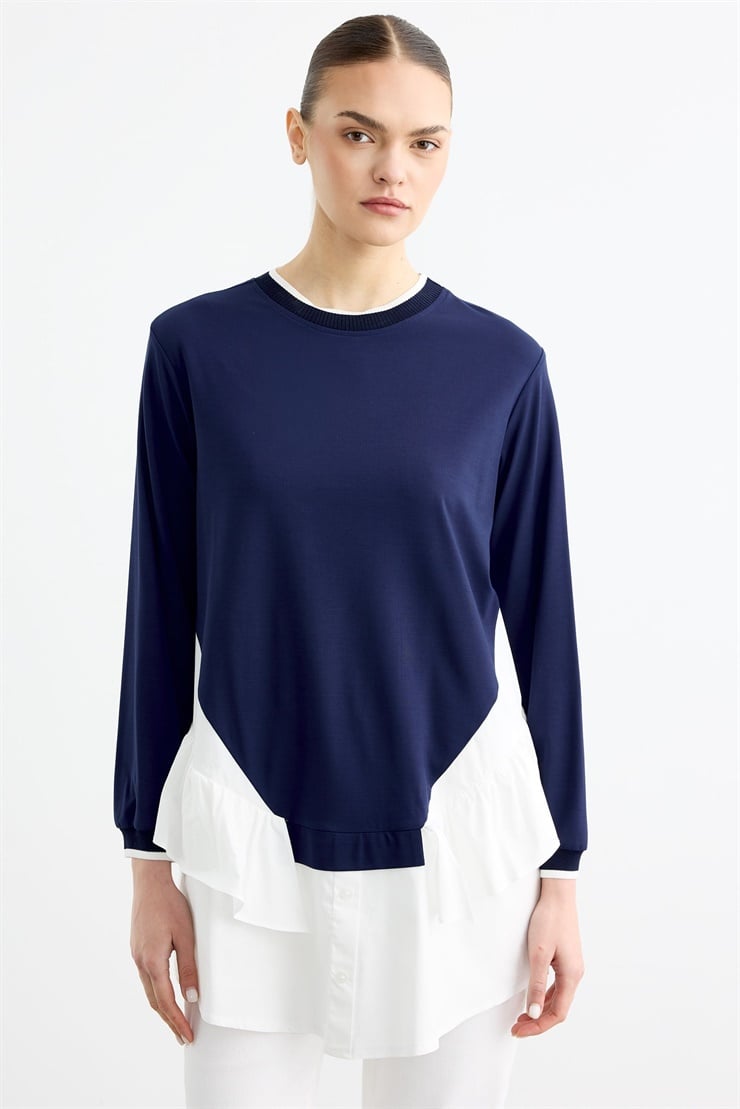 Triko Ribanalı Poplin Mix Volanlı Tunik LACİVERT