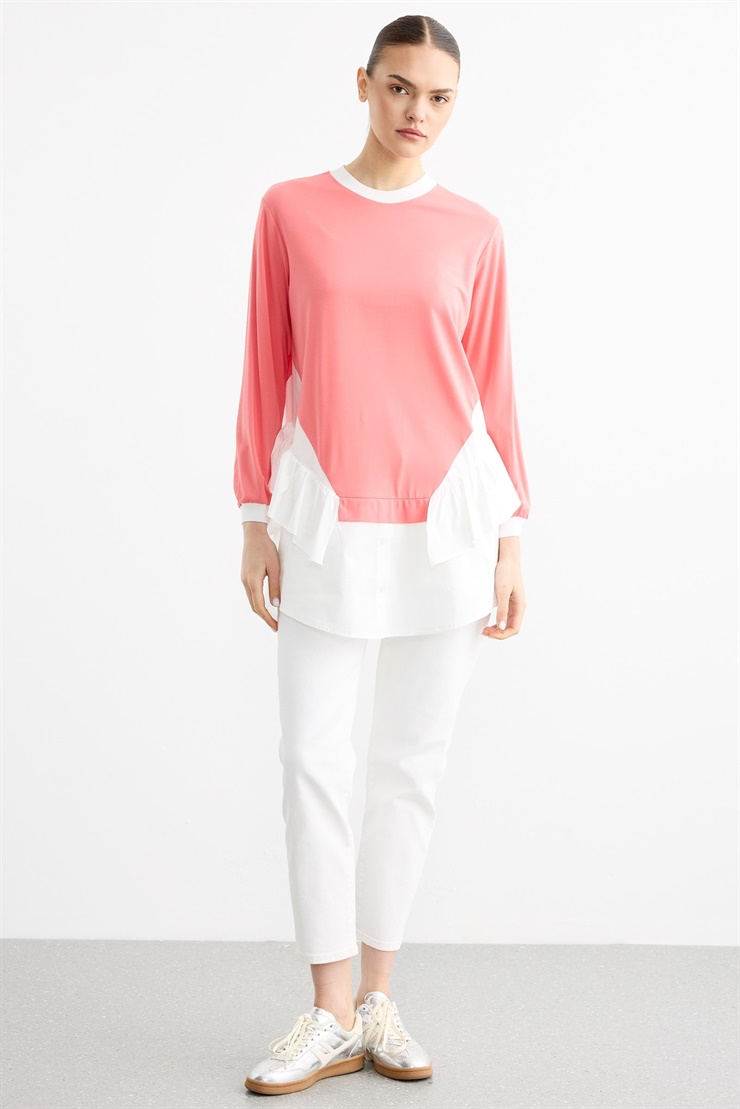 Poplin Mixli Volanlı Tunik KARİDES