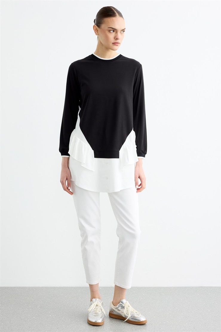 Poplin Mixli Volanlı Tunik SİYAH