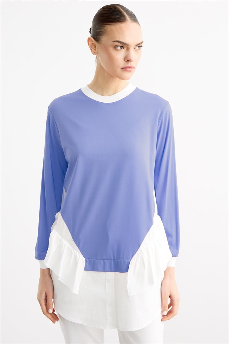 Triko Ribanalı Poplin Mix Volanlı Tunik MAVİ