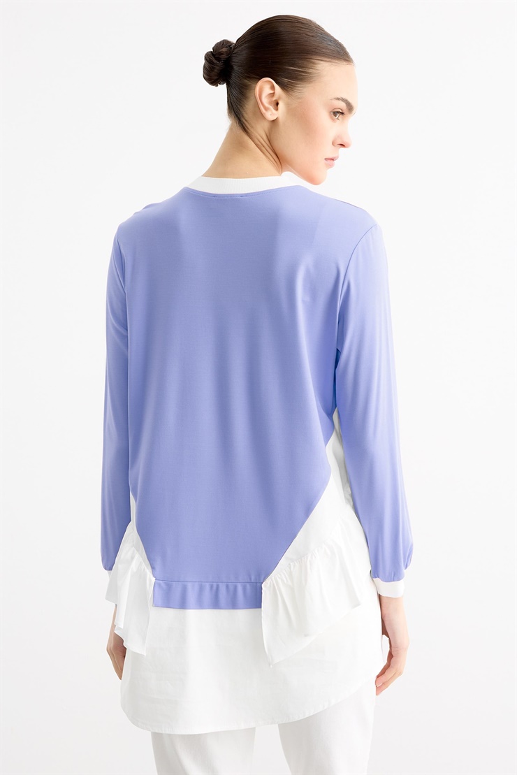 Triko Ribanalı Poplin Mix Volanlı Tunik MAVİ