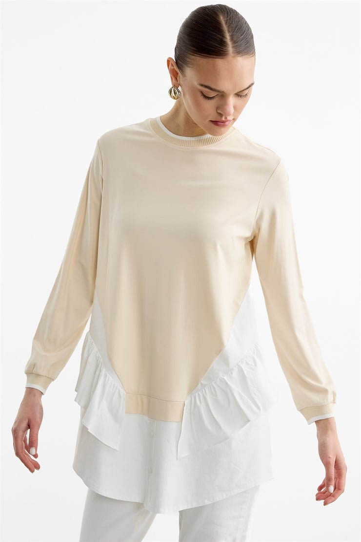 Triko Ribanalı Poplin Mix Volanlı Tunik BEJ