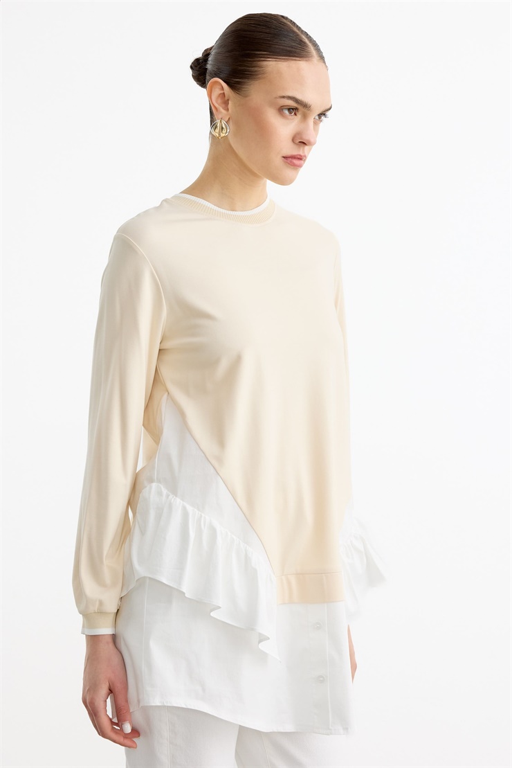 Triko Ribanalı Poplin Mix Volanlı Tunik BEJ