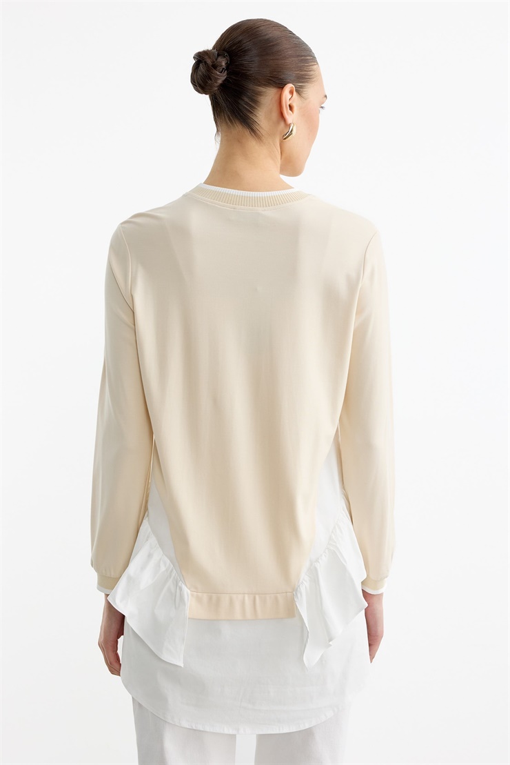 Triko Ribanalı Poplin Mix Volanlı Tunik BEJ