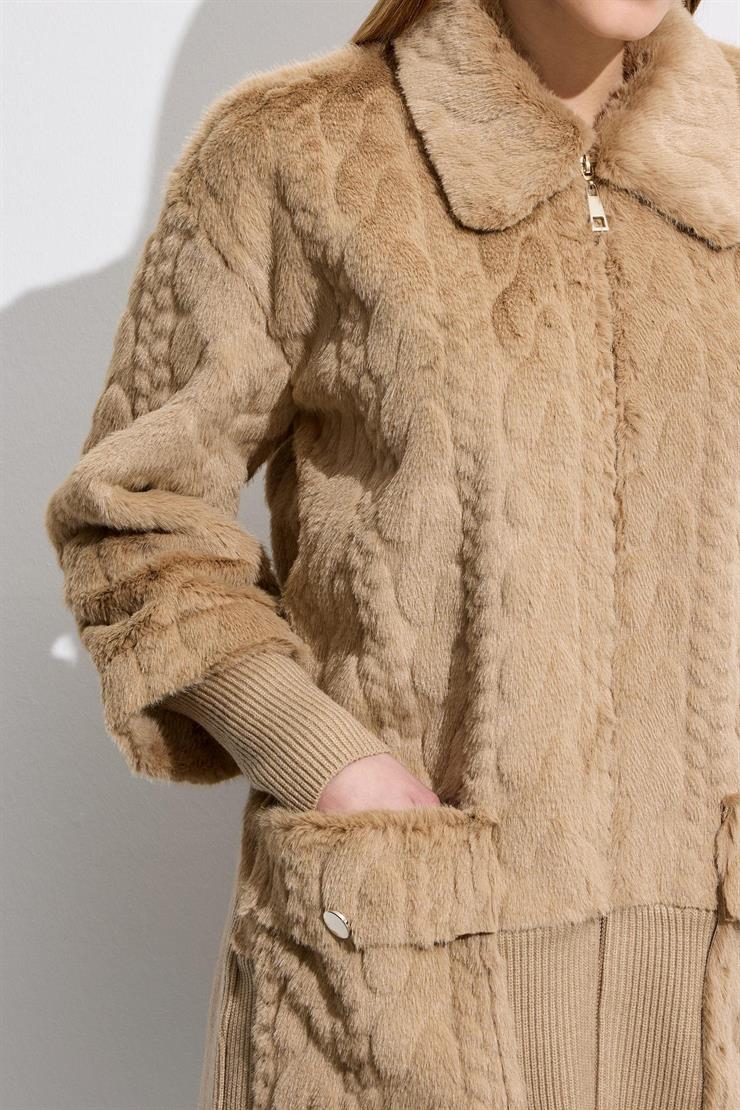 Triko Ve Saç Örgü Kombinli Kaban CAMEL