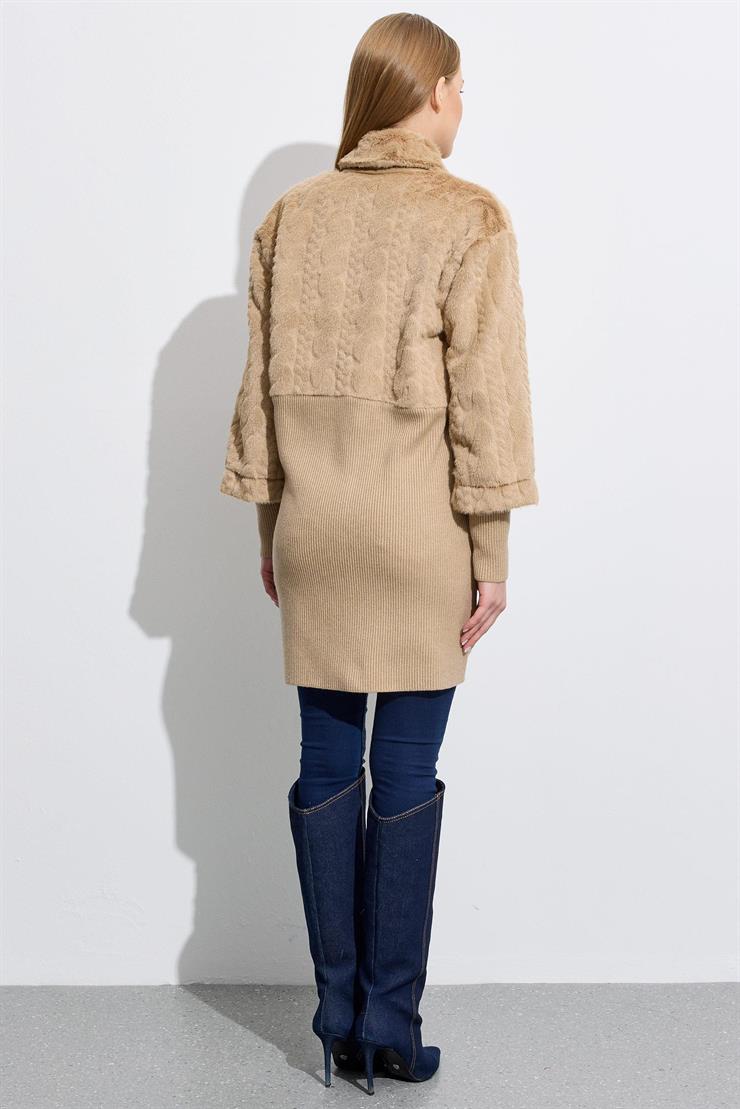 Triko Ve Saç Örgü Kombinli Kaban CAMEL