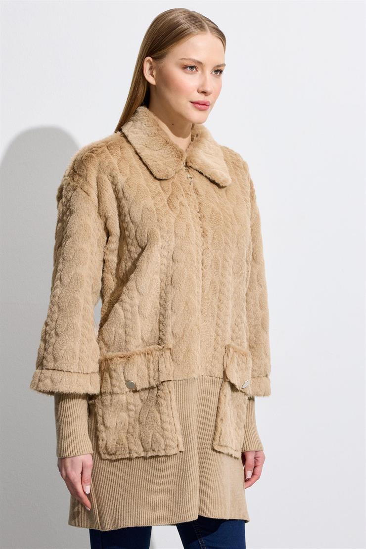 Triko Ve Saç Örgü Kombinli Kaban CAMEL