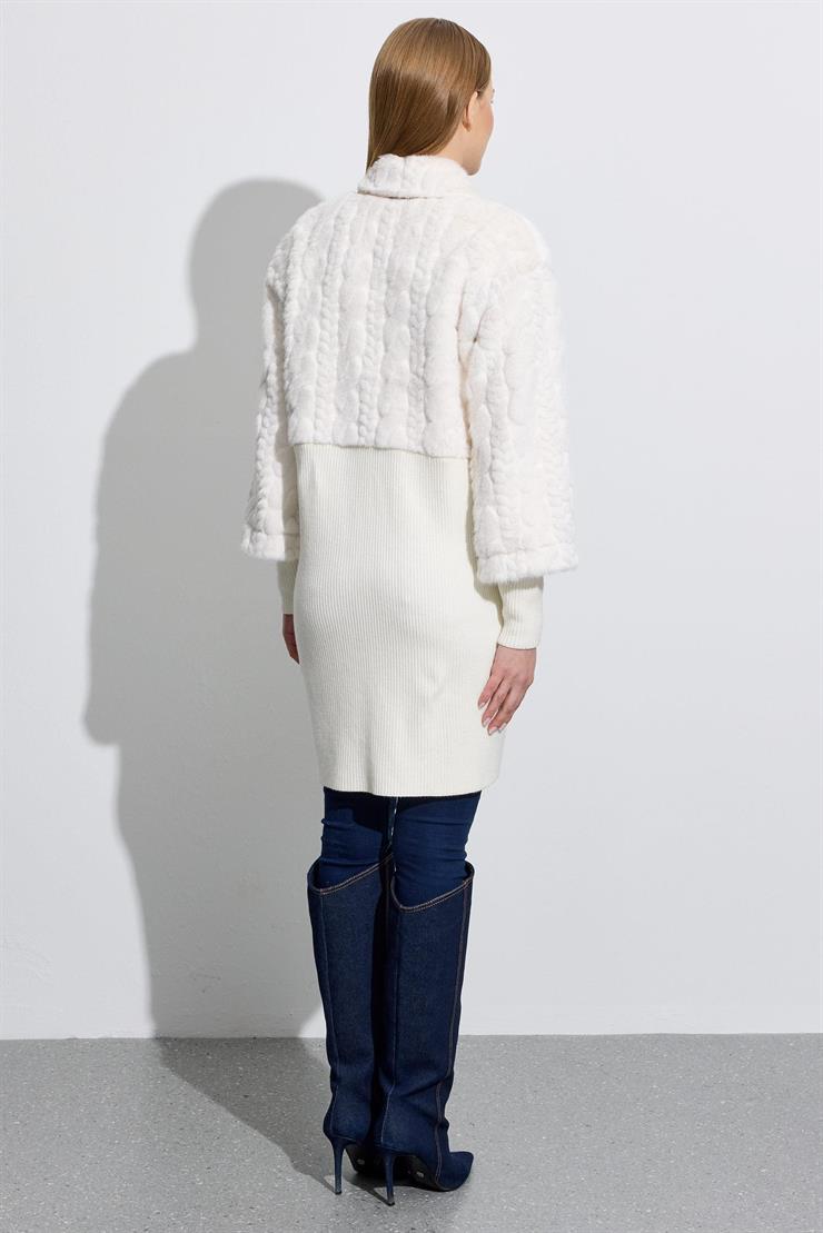 Triko Ve Saç Örgü Kombinli Kaban EKRU