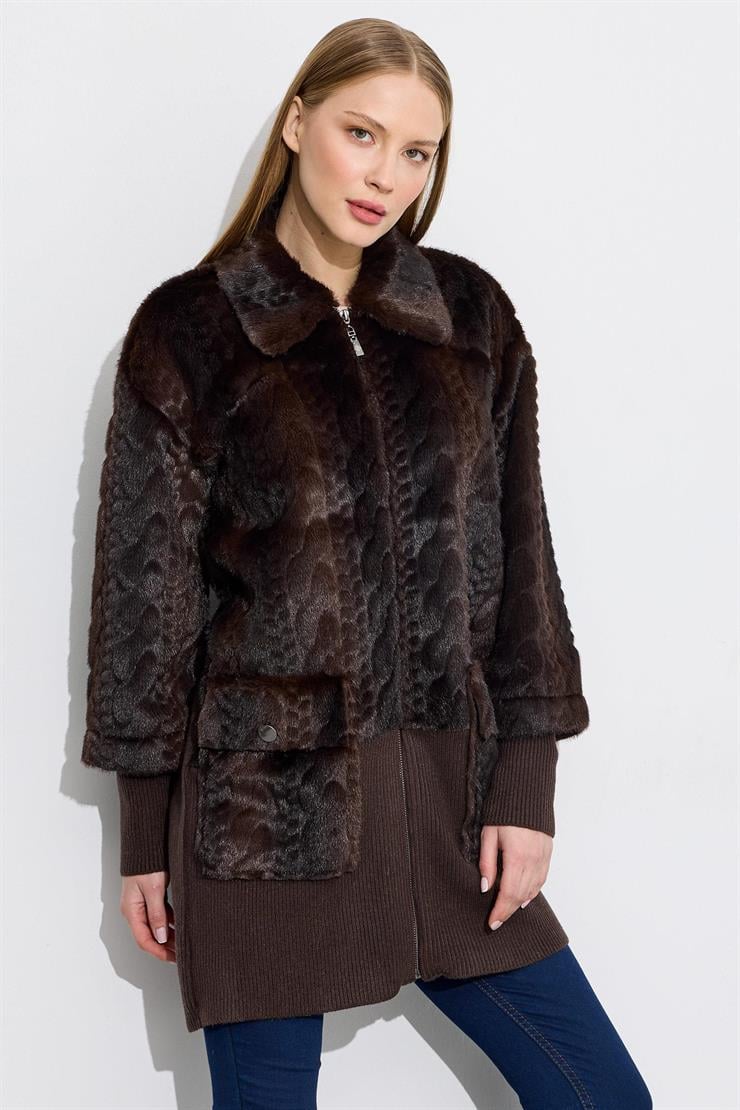 Triko Ve Saç Örgü Kombinli Kaban KAHVE