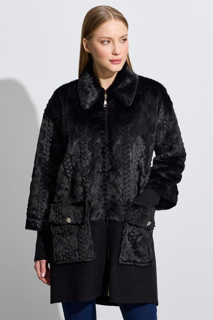 Triko Ve Saç Örgü Kombinli Kaban SİYAH