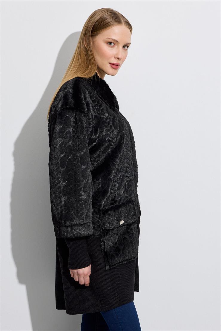 Triko Ve Saç Örgü Kombinli Kaban SİYAH