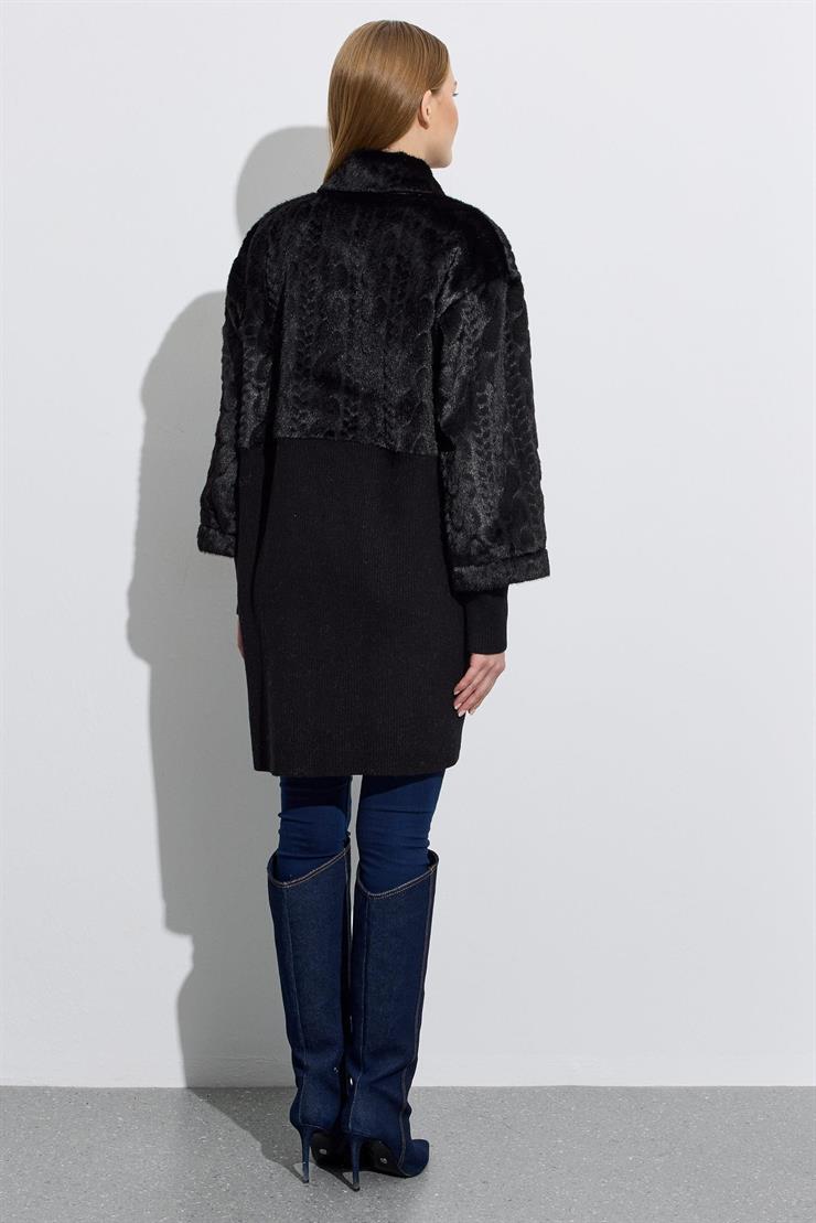 Triko Ve Saç Örgü Kombinli Kaban SİYAH