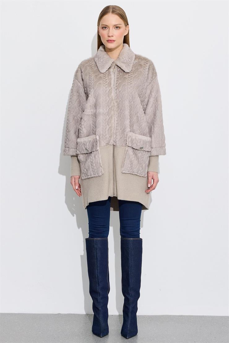 Triko Ve Saç Örgü Kombinli Kaban VİZON