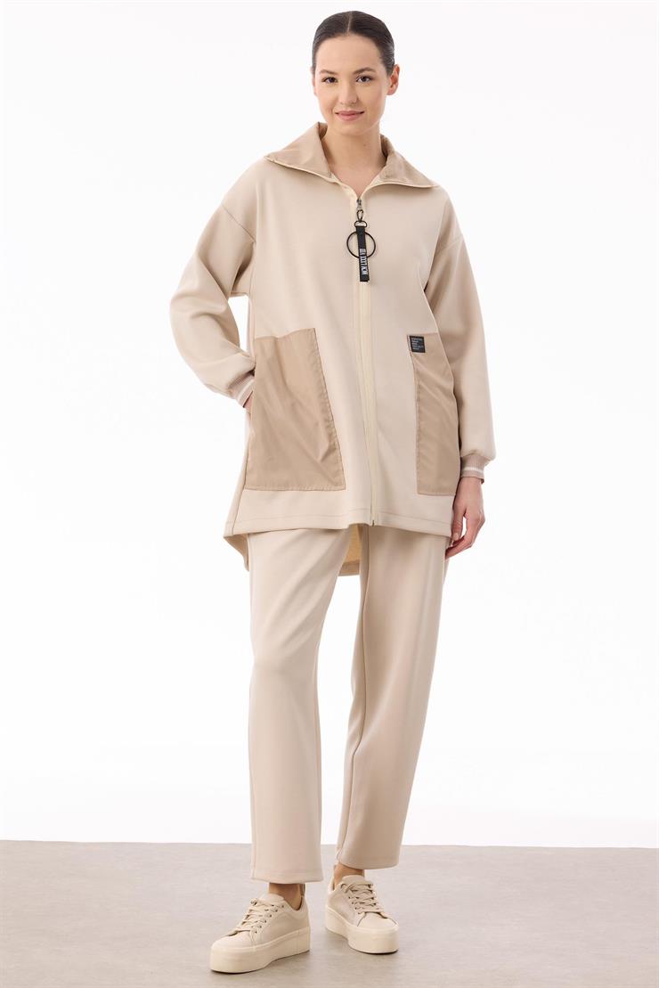 Triko Ve Teknik Kumaş Detaylı Takım BEJ