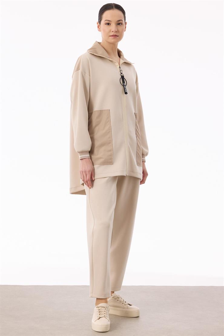 Triko Ve Teknik Kumaş Detaylı Takım BEJ