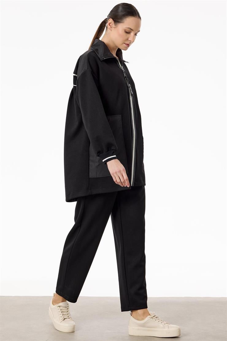 Triko Ve Teknik Kumaş Detaylı Takım SİYAH