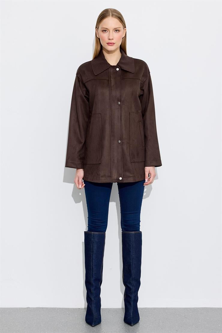 Triko Yakalı Sırtı Nakış Detaylı Kap KAHVE