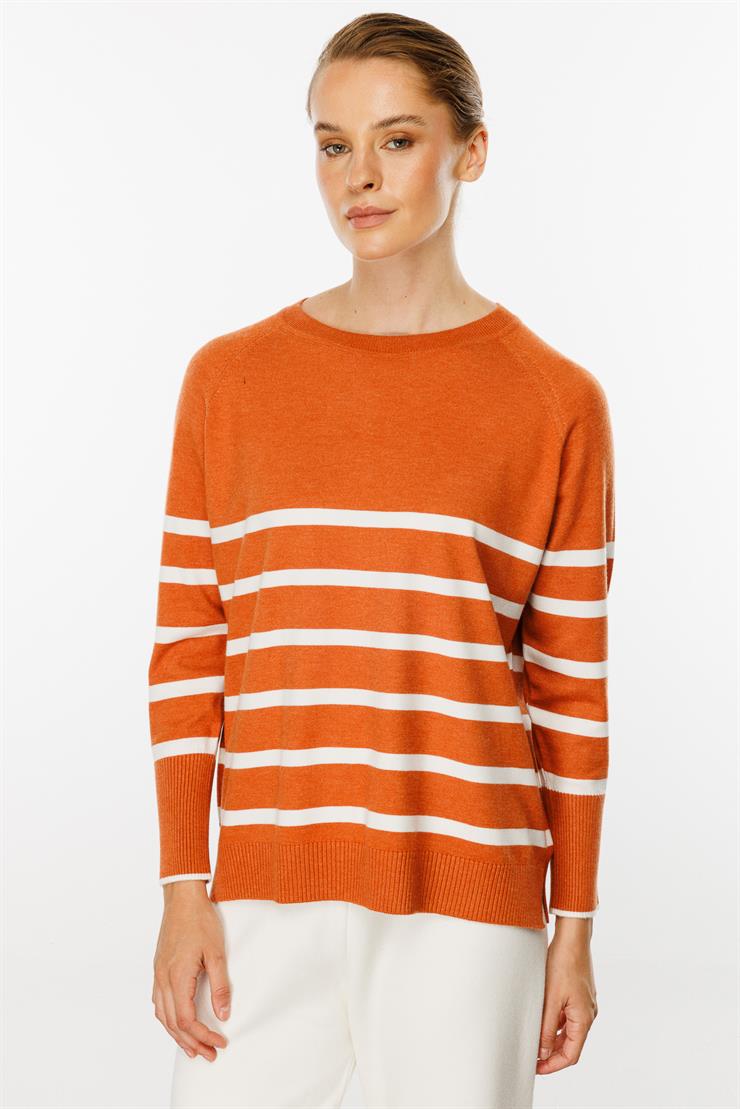 Uzun Kollu Çizgili Bluz-Kiremit - Ekru