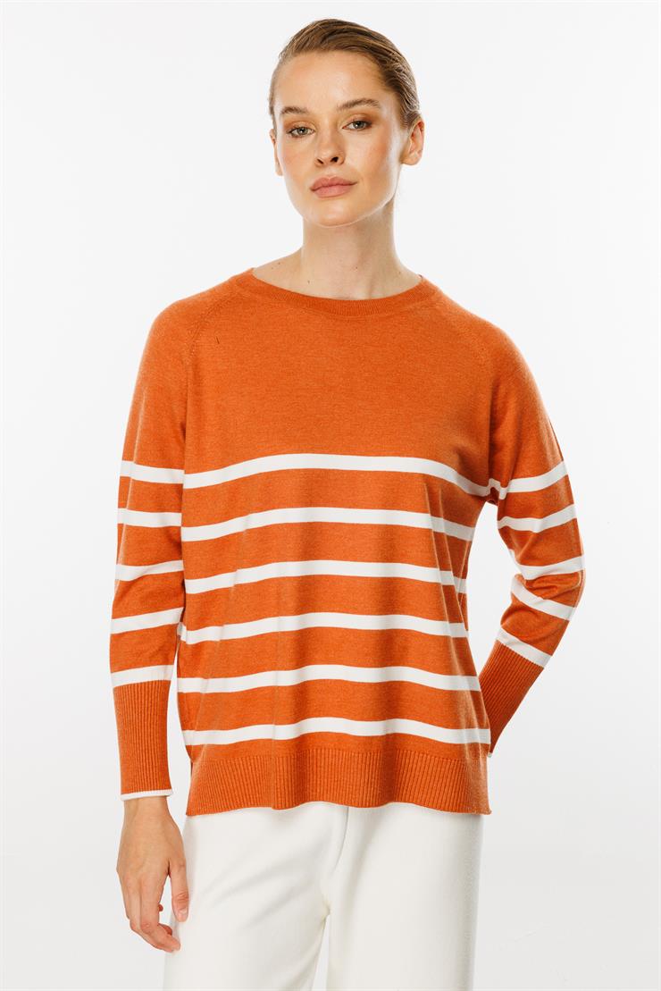 Uzun Kollu Çizgili Bluz-Kiremit - Ekru