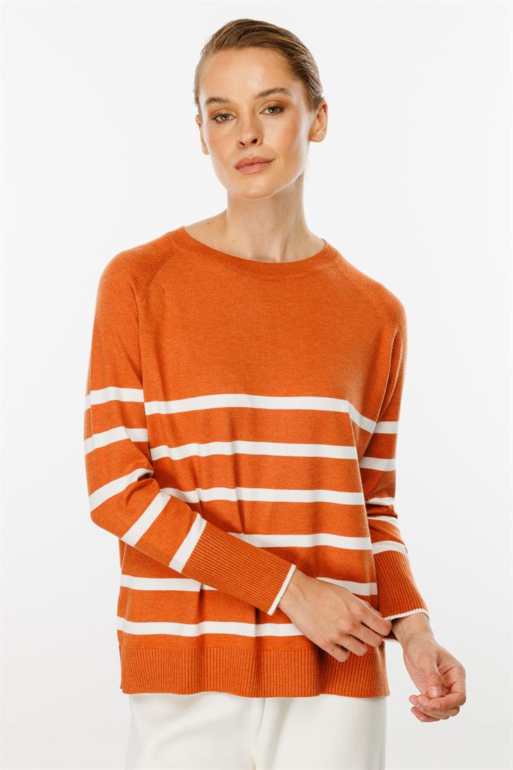 Uzun Kollu Çizgili Bluz-Kiremit - Ekru