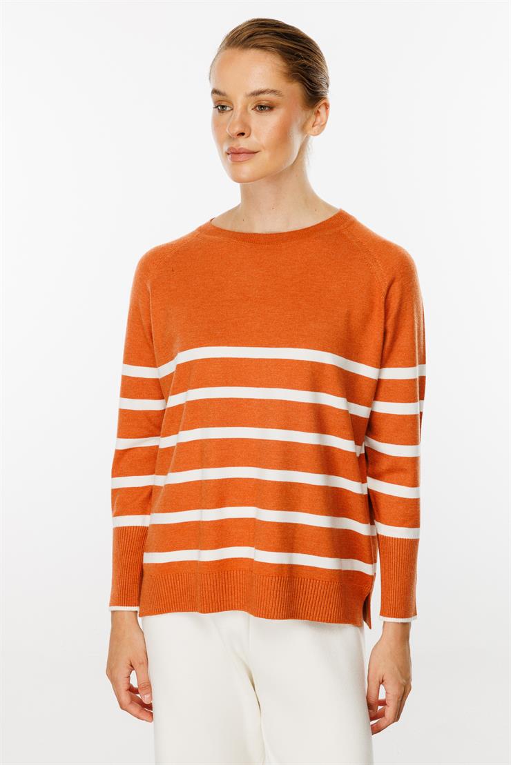 Uzun Kollu Çizgili Bluz-Kiremit - Ekru