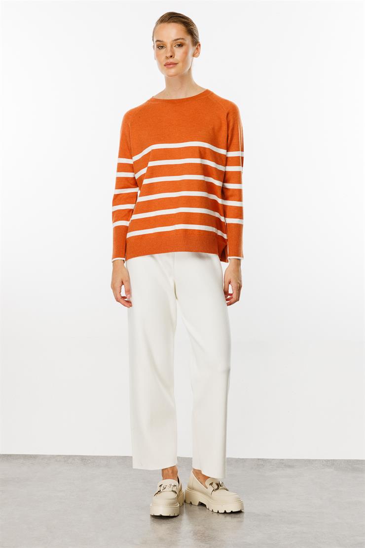 Uzun Kollu Çizgili Bluz-Kiremit - Ekru