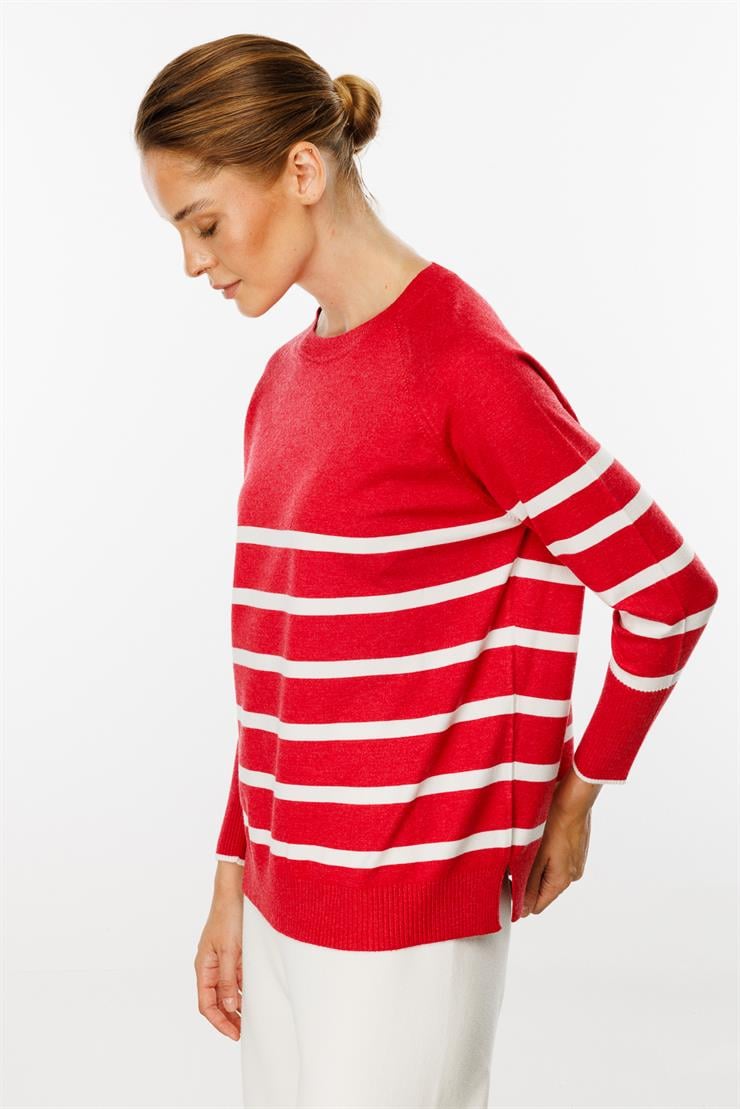Uzun Kollu Çizgili Bluz-Kırmızı - Ekru