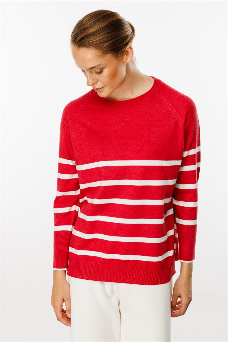Uzun Kollu Çizgili Bluz-Kırmızı - Ekru