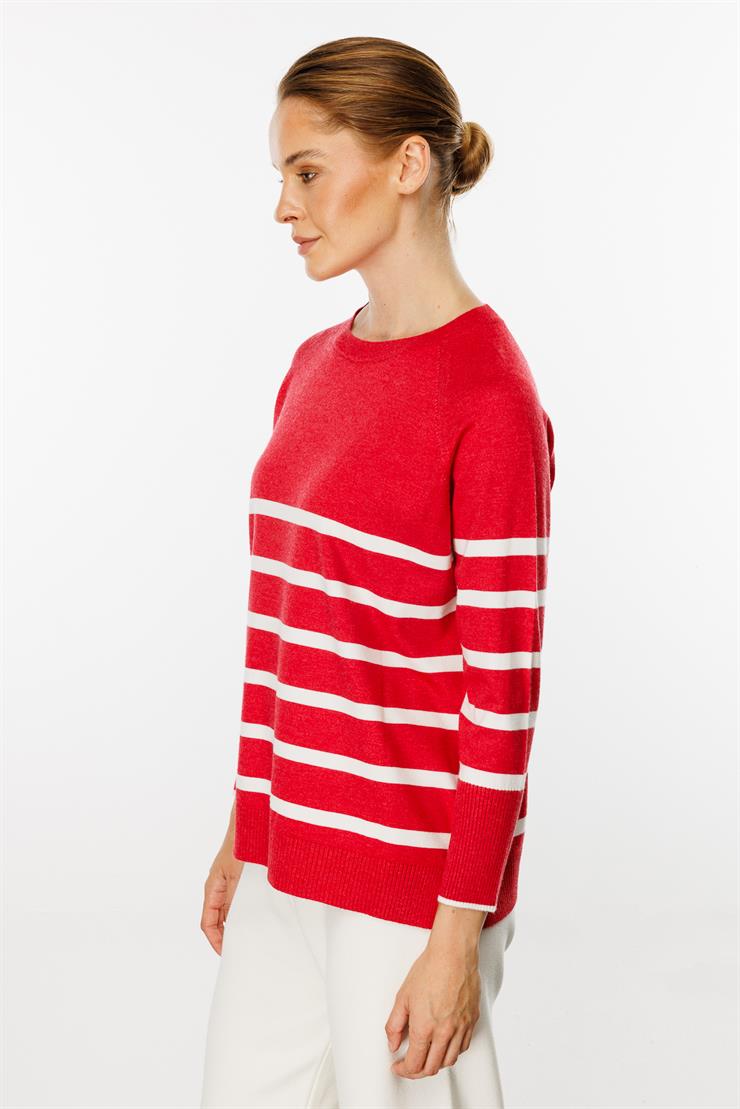 Uzun Kollu Çizgili Bluz-Kırmızı - Ekru
