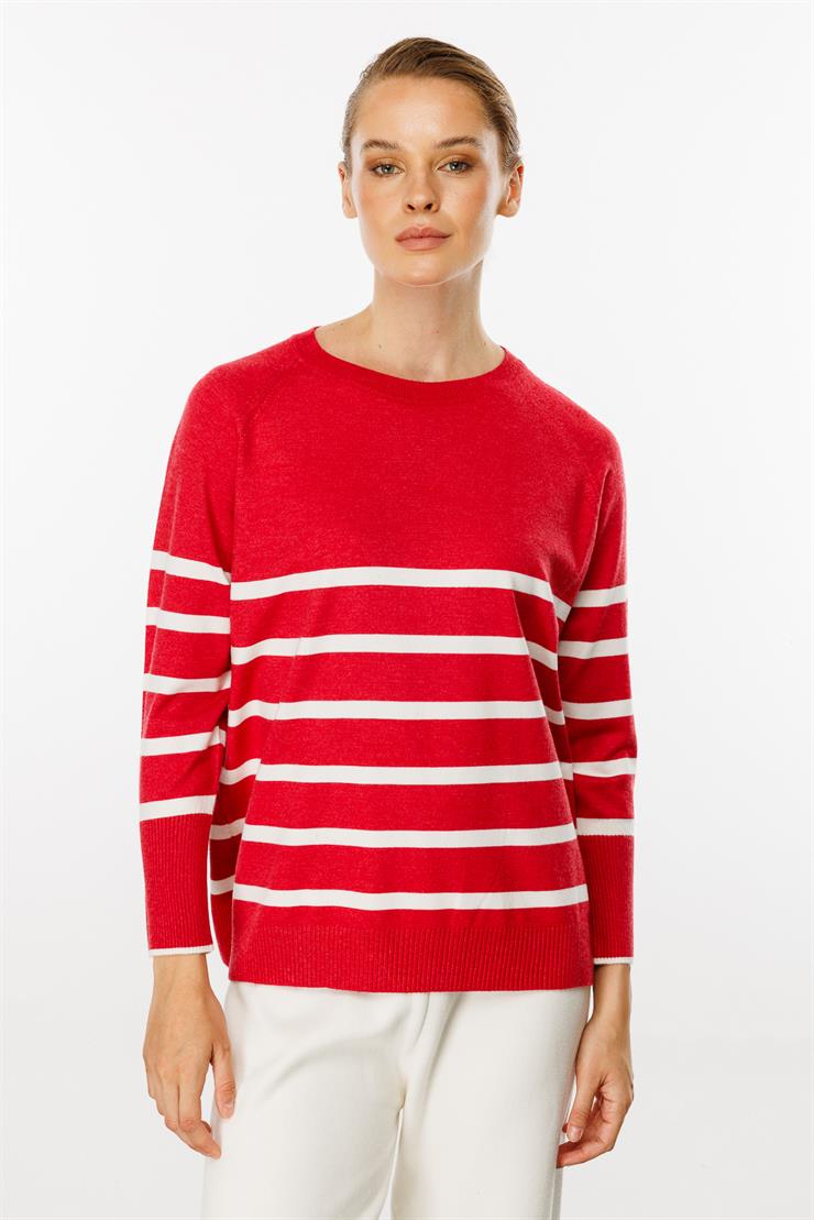 Uzun Kollu Çizgili Bluz-Kırmızı - Ekru