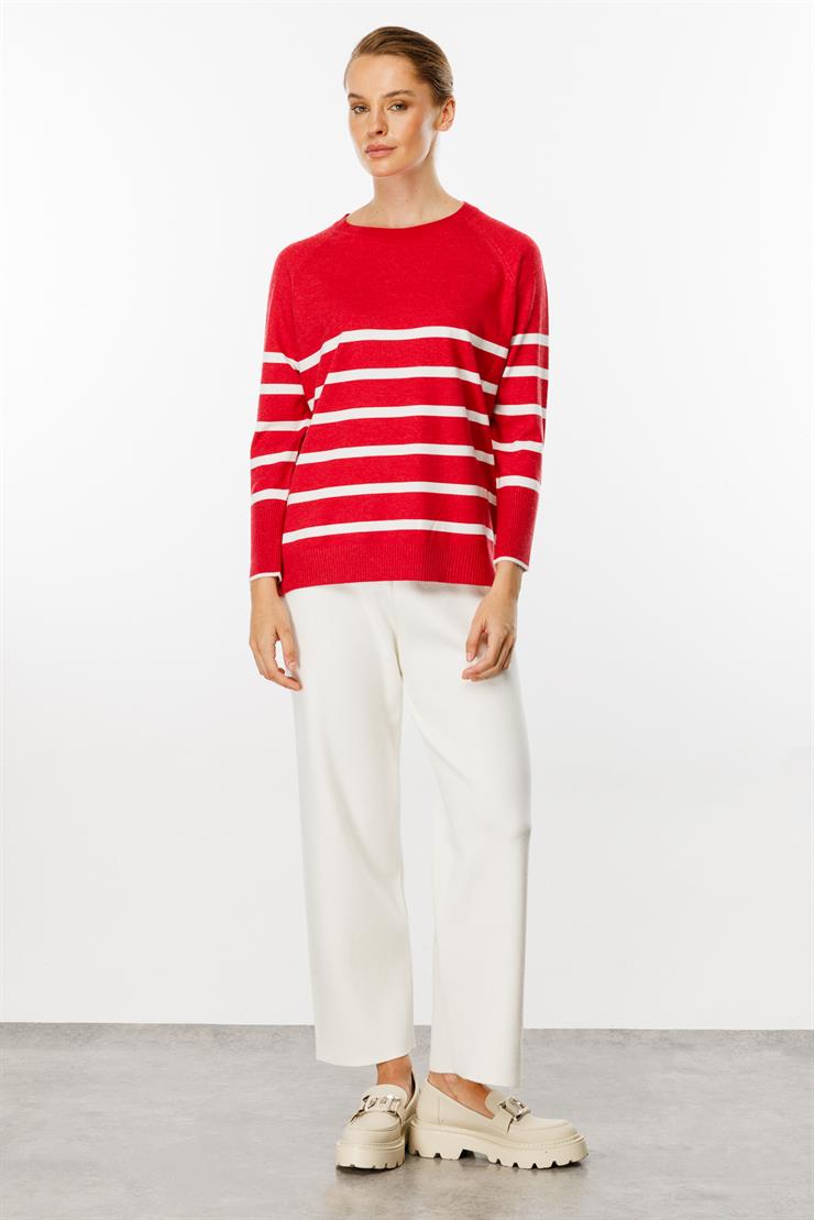 Uzun Kollu Çizgili Bluz-Kırmızı - Ekru