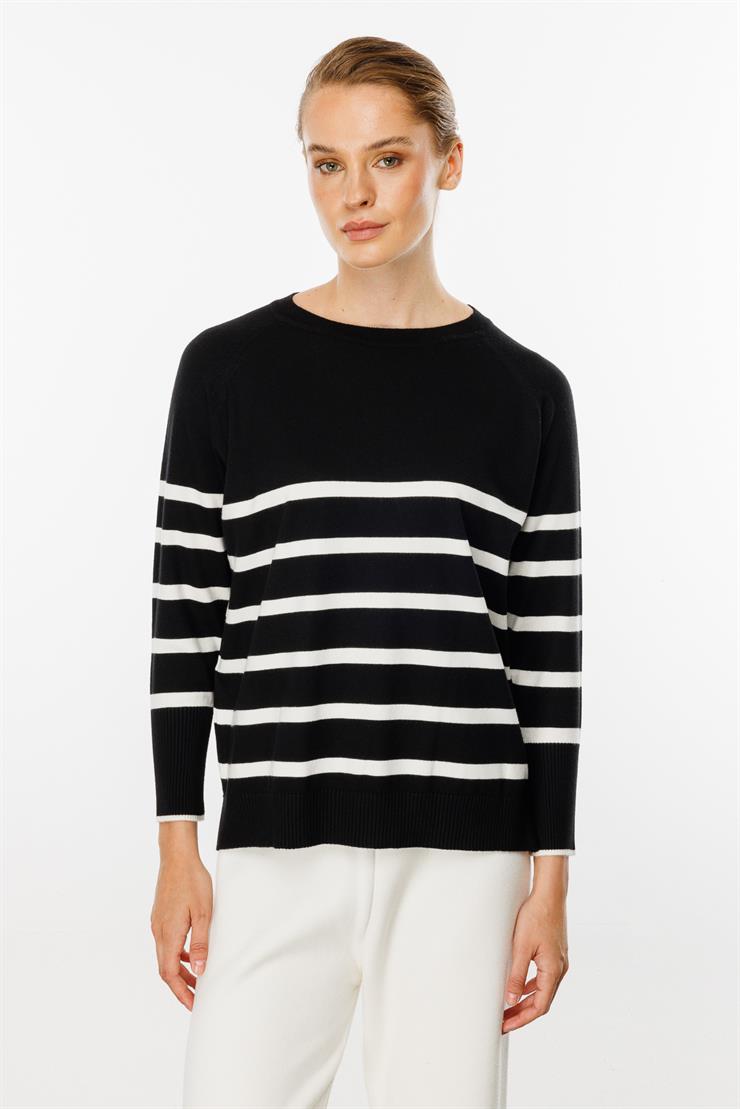 Uzun Kollu Çizgili Bluz-Siyah-Ekru