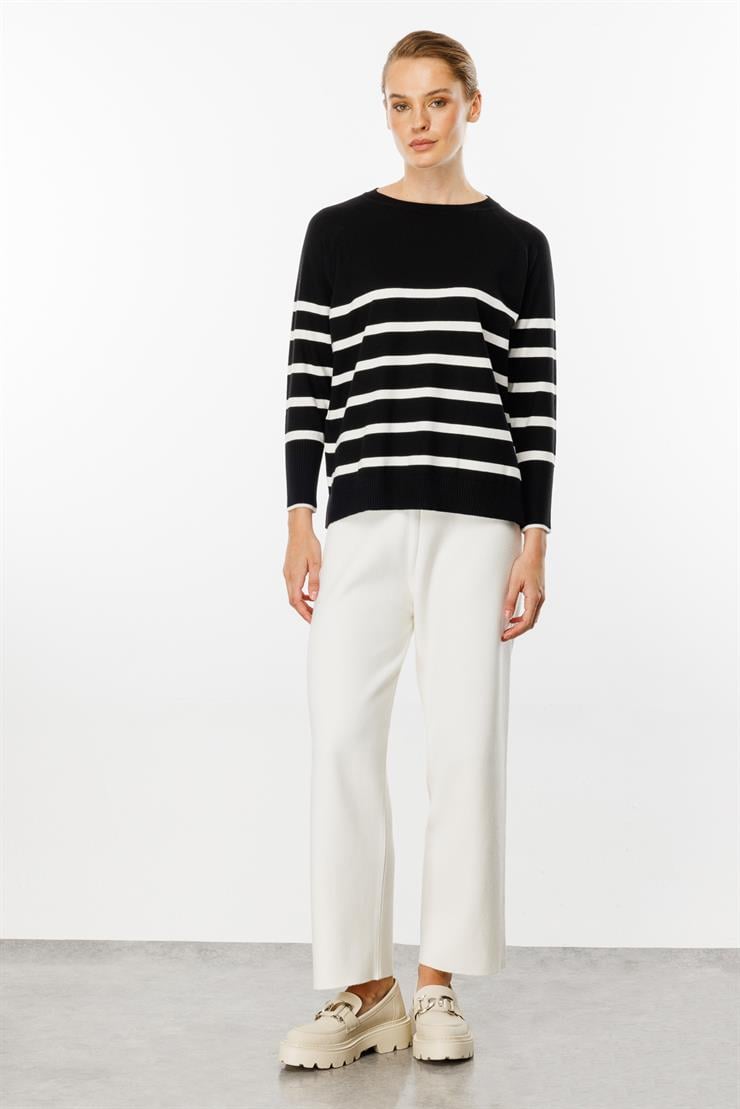 Uzun Kollu Çizgili Bluz-Siyah-Ekru