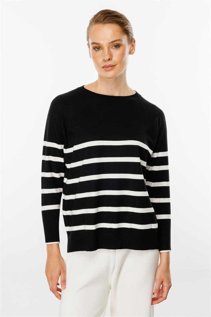 Uzun Kollu Çizgili Bluz-Siyah-Ekru
