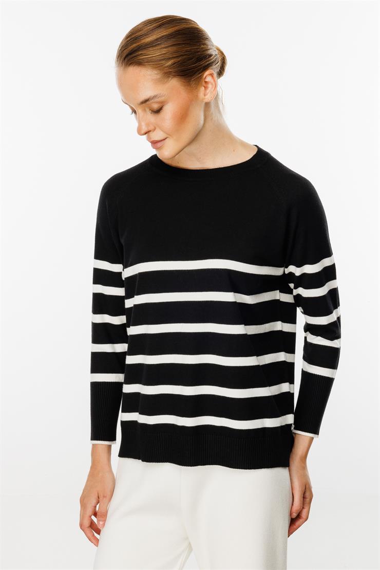 Uzun Kollu Çizgili Bluz-Siyah-Ekru