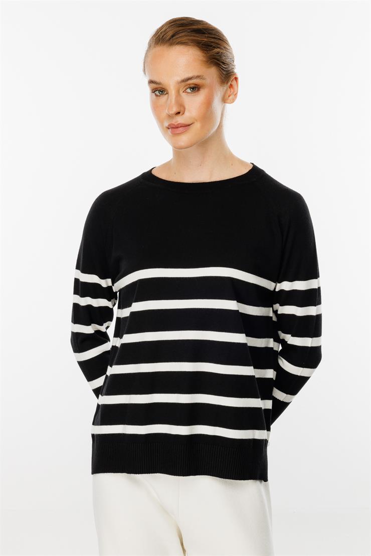 Uzun Kollu Çizgili Bluz-Siyah-Ekru