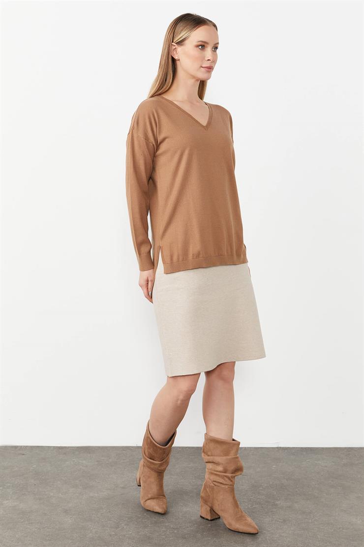 V Yaka Basic Triko Bluz-CAMEL