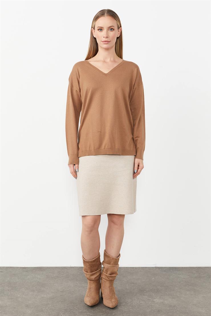 V Yaka Basic Triko Bluz-CAMEL